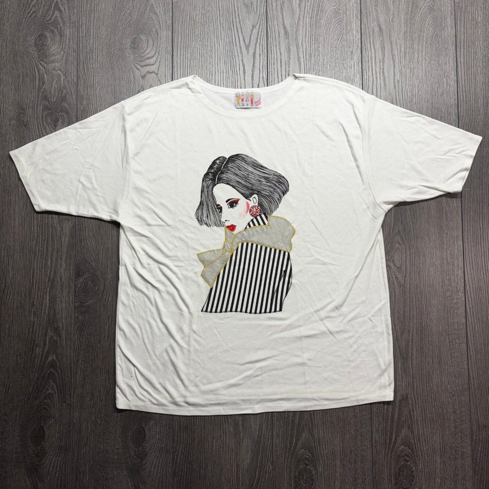 Vintage Philippe Model 1980s Large T-Shirt White Art Deco Woman Embroidered L